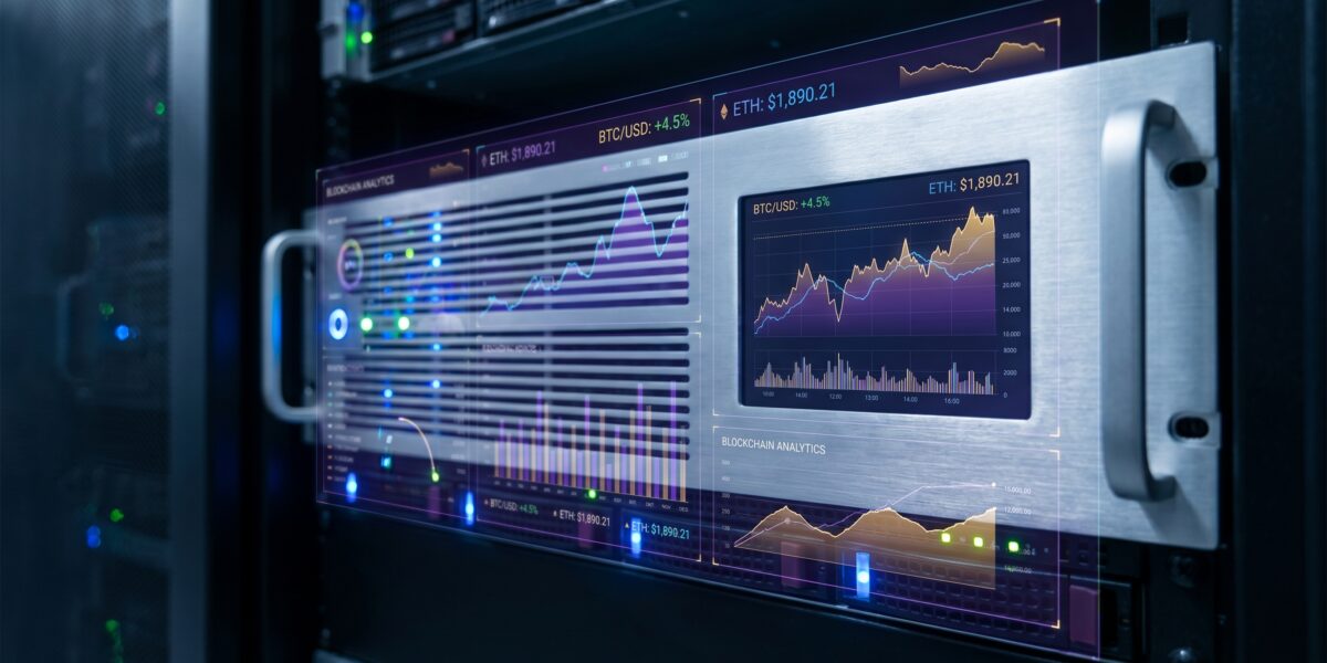 Modern server rack with glowing lights and a monitor showing fast-moving cryptocurrency trading charts and data.