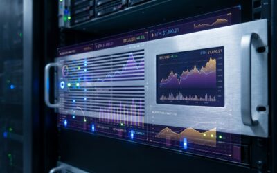 Modern server rack with glowing lights and a monitor showing fast-moving cryptocurrency trading charts and data.