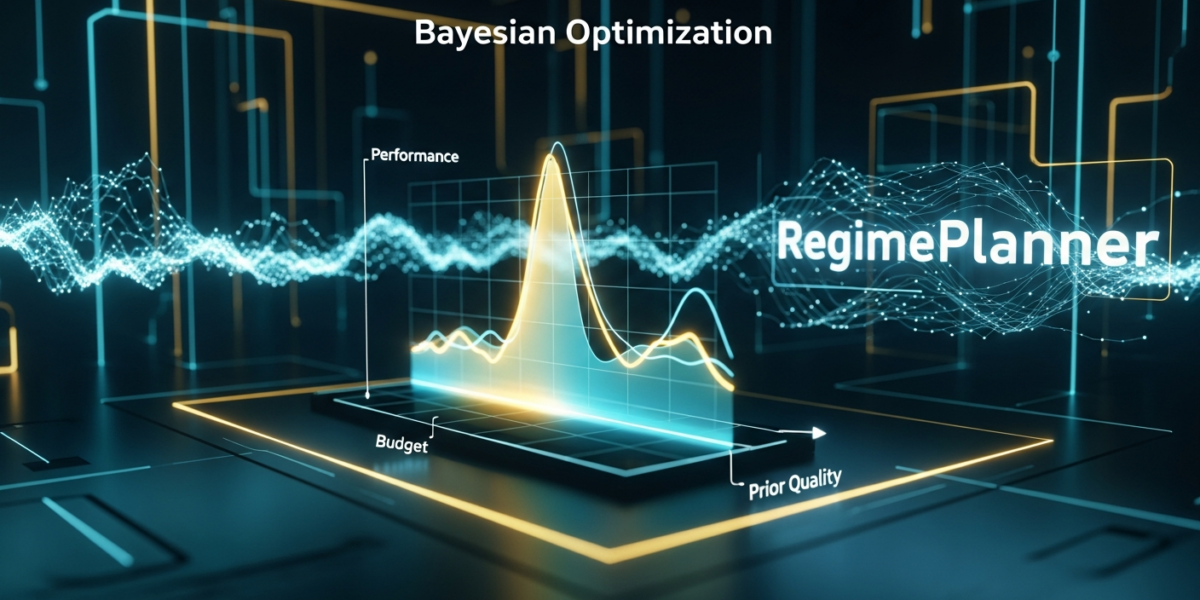 Abstract digital visualization of Bayesian Optimization adapting its strategy based on changing operational regimes, with graphs and data streams.
