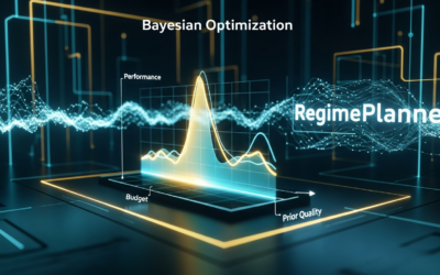 Abstract digital visualization of Bayesian Optimization adapting its strategy based on changing operational regimes, with graphs and data streams.