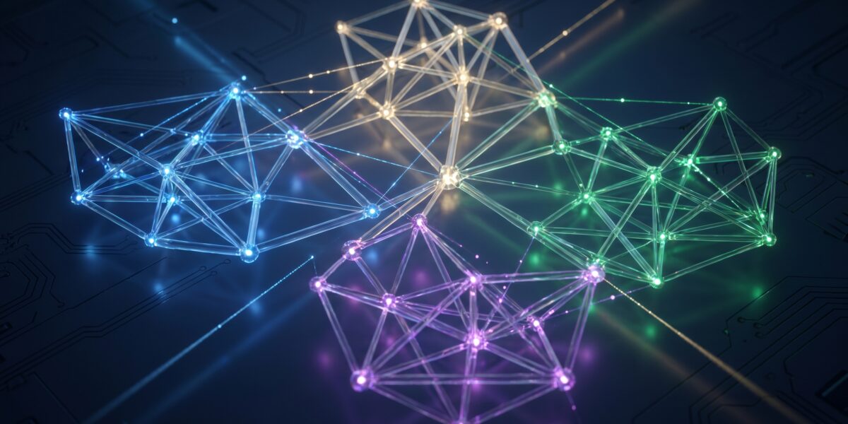 Abstract visualization of multiple AI models as interconnected neural networks with colored lights, representing specialized AI capabilities