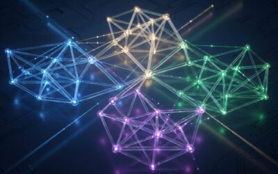 Abstract visualization of multiple AI models as interconnected neural networks with colored lights, representing specialized AI capabilities