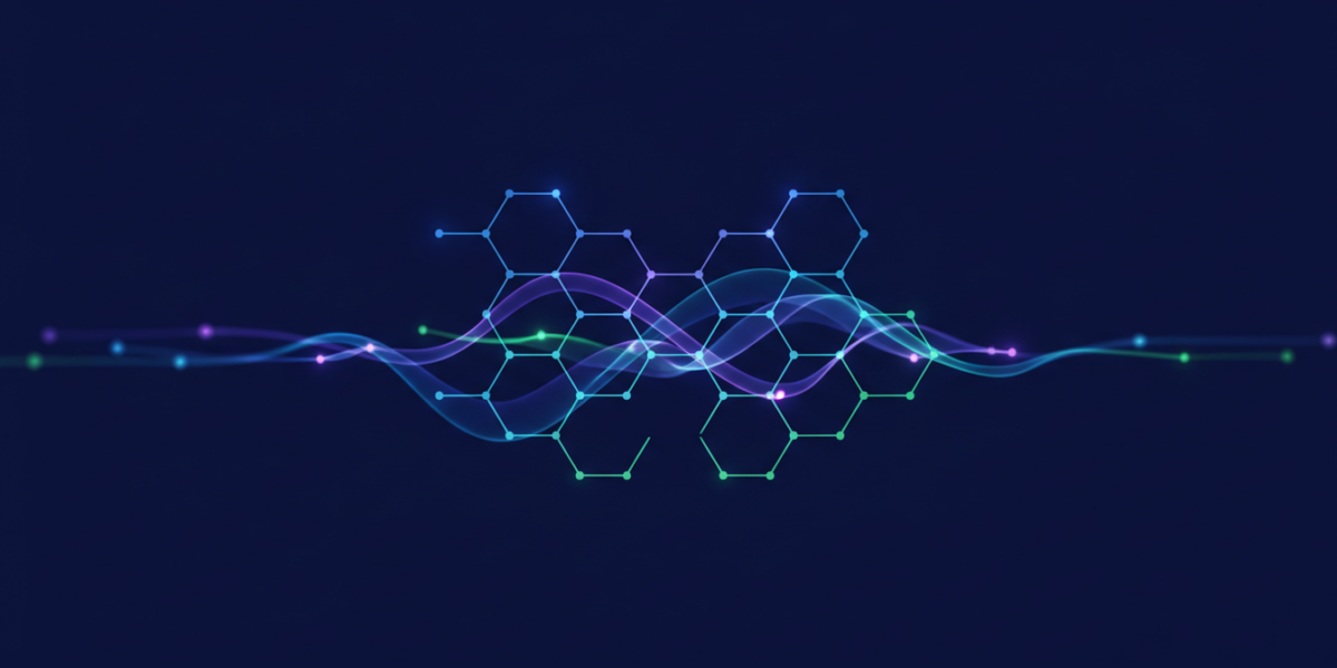 Abstract visualization of AI-powered workflow automation with interconnected nodes and data flows.
