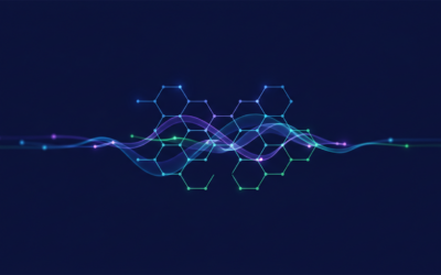 Abstract visualization of AI-powered workflow automation with interconnected nodes and data flows.