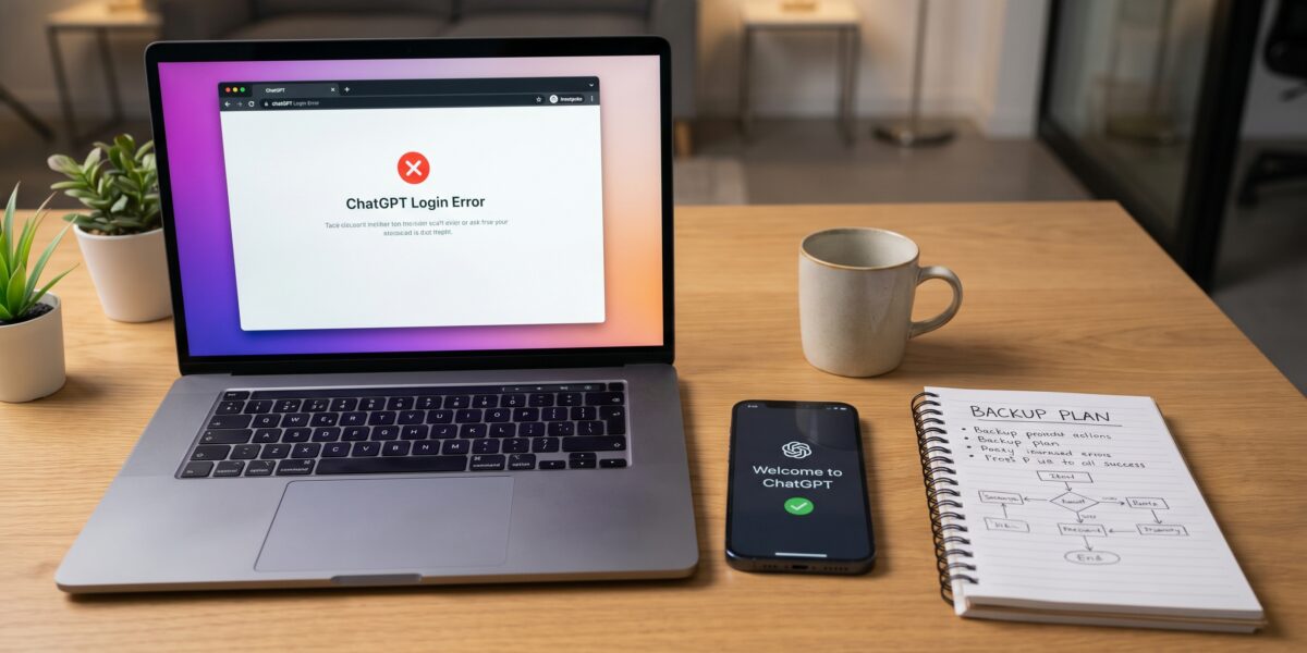 Laptop and smartphone showing contrasting ChatGPT access states, with a notepad outlining backup workflow strategies.