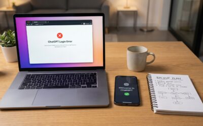Laptop and smartphone showing contrasting ChatGPT access states, with a notepad outlining backup workflow strategies.