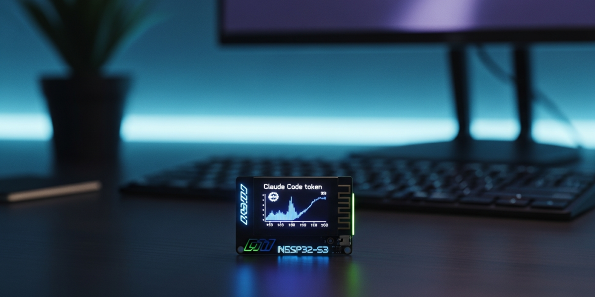 A small, animated desk dashboard called Clawdmeter displaying Claude Code token usage on a developer's desk.