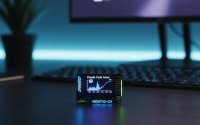A small, animated desk dashboard called Clawdmeter displaying Claude Code token usage on a developer's desk.