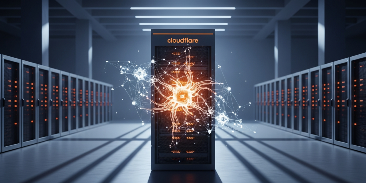 Cloudflare-branded server racks in a data center with AI neural network patterns overlaid, symbolizing AI-driven efficiency and workforce changes.