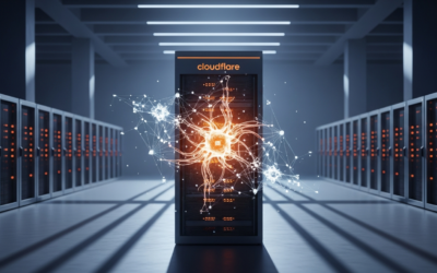 Cloudflare-branded server racks in a data center with AI neural network patterns overlaid, symbolizing AI-driven efficiency and workforce changes.