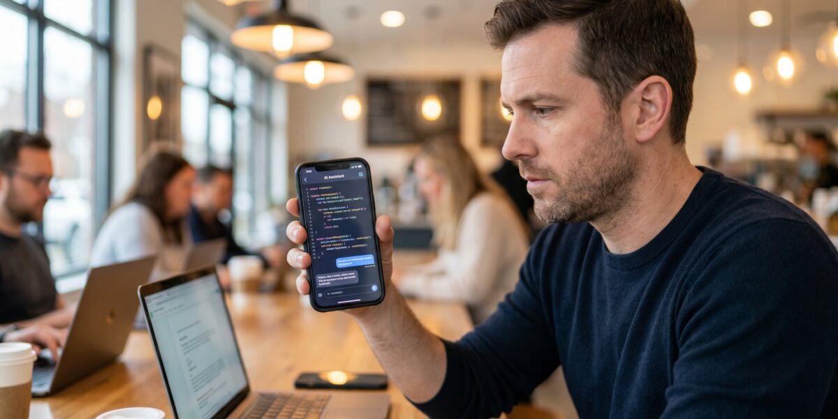 A developer using the ChatGPT mobile app with Codex to view generated code on a smartphone in a contemporary workspace.