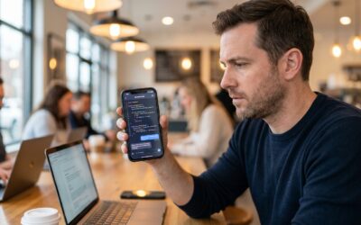 A developer using the ChatGPT mobile app with Codex to view generated code on a smartphone in a contemporary workspace.