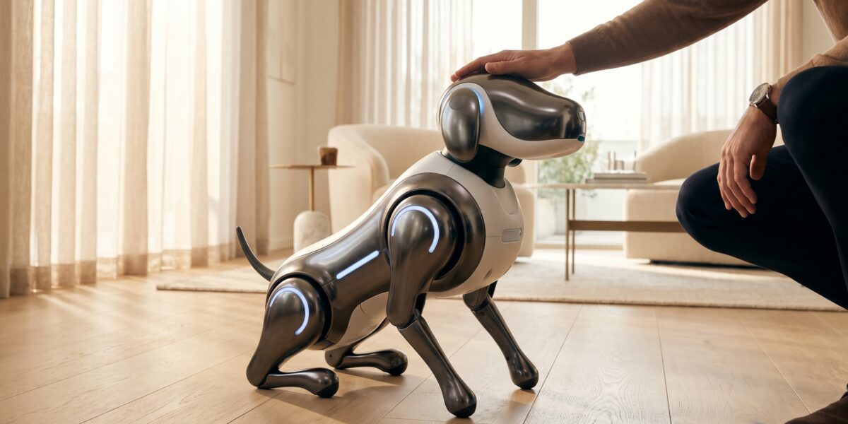 A futuristic robot, the Familiar companion, designed to look like a friendly, dog-sized AI pet, receiving affection from a person in a modern home setting.