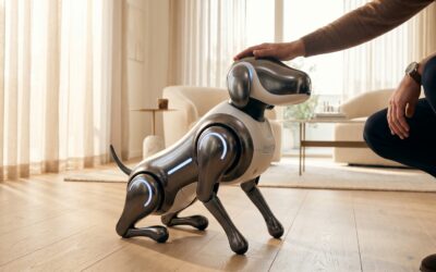 A futuristic robot, the Familiar companion, designed to look like a friendly, dog-sized AI pet, receiving affection from a person in a modern home setting.