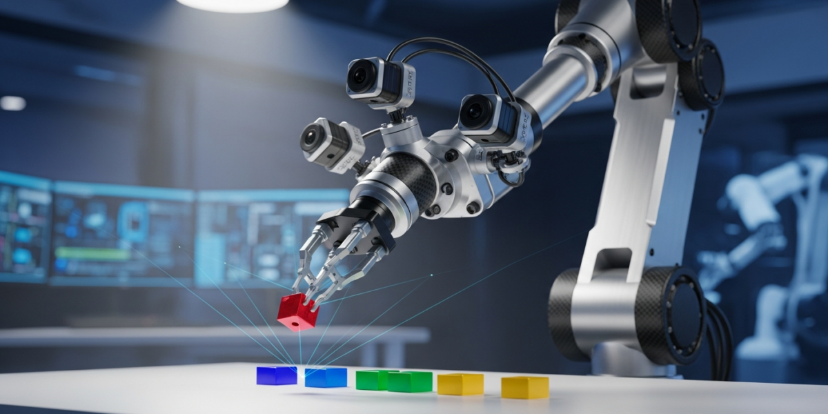 A robotic arm precisely manipulating small objects on a workbench, illustrating advanced 3D perception and 4D reasoning for manipulation tasks.