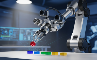 A robotic arm precisely manipulating small objects on a workbench, illustrating advanced 3D perception and 4D reasoning for manipulation tasks.