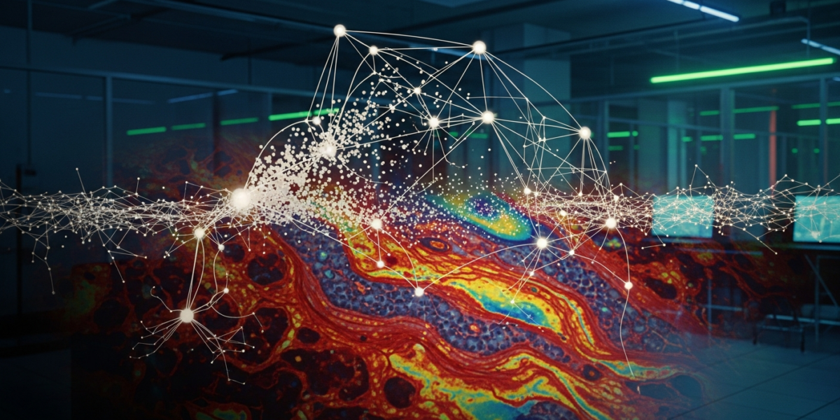 Abstract image showing a failing neural network diagram overlaid on a complex infrared biological tissue scan, symbolizing deep learning's failure in scientific imaging.