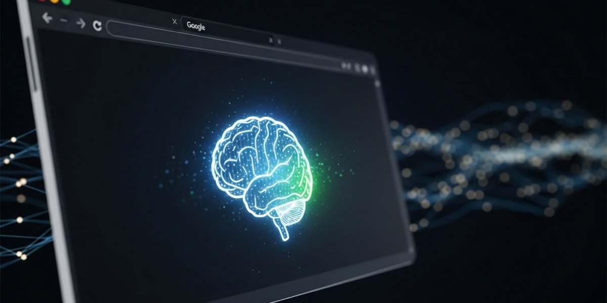 A stylized brain icon representing AI, glowing blue and green, superimposed on a Google Chrome browser window with data streams in the background.