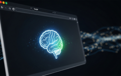 A stylized brain icon representing AI, glowing blue and green, superimposed on a Google Chrome browser window with data streams in the background.