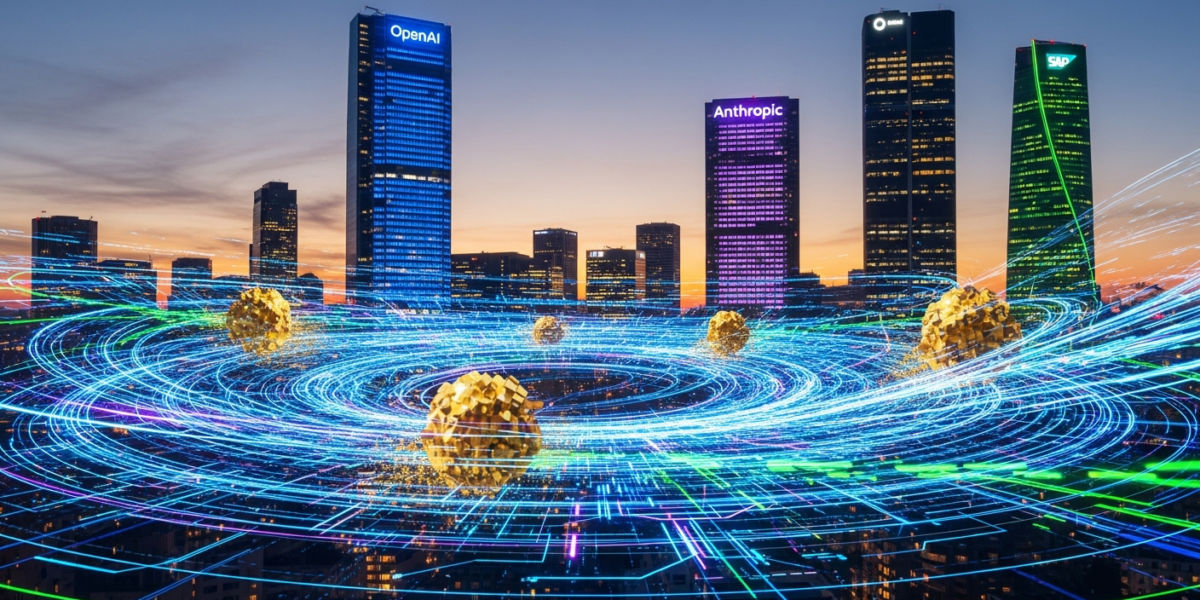 A futuristic cityscape at dusk, with data streams and glowing circuits, symbolizing the competitive enterprise AI market, highlighting the 'gold rush' for AI solutions.