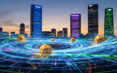 A futuristic cityscape at dusk, with data streams and glowing circuits, symbolizing the competitive enterprise AI market, highlighting the 'gold rush' for AI solutions.