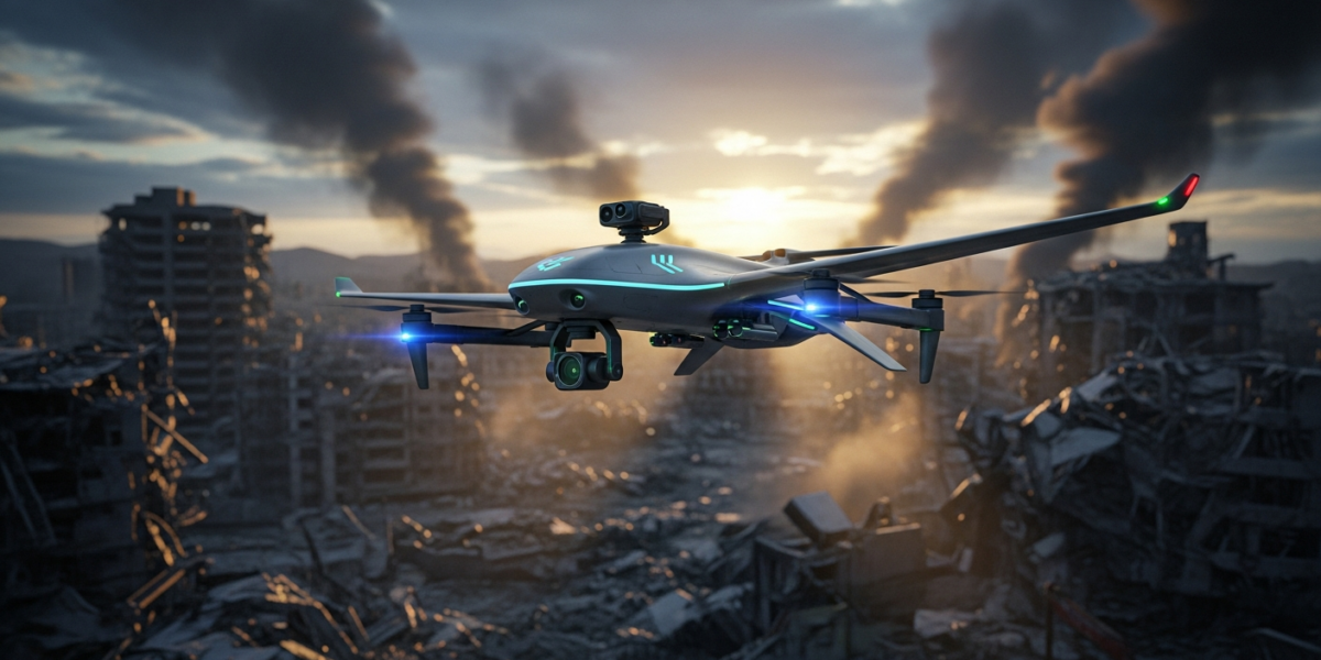 An agentic UAV flying over a photorealistic, large-scale disaster zone rendered in Unreal Engine 5, depicting a search and rescue operation under dynamic weather at dusk.