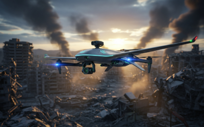 An agentic UAV flying over a photorealistic, large-scale disaster zone rendered in Unreal Engine 5, depicting a search and rescue operation under dynamic weather at dusk.
