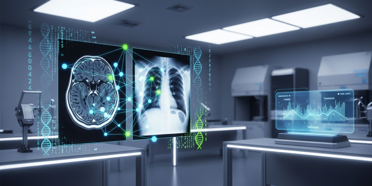 A futuristic image showing medical imaging data connected by a federated learning network, symbolizing collaborative AI development in a secure healthcare setting.