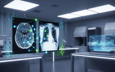 A futuristic image showing medical imaging data connected by a federated learning network, symbolizing collaborative AI development in a secure healthcare setting.