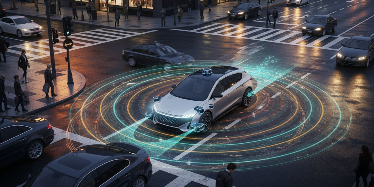 An autonomous vehicle navigating a complex urban intersection at dusk, with translucent visual overlays representing safe motion fields.