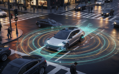 An autonomous vehicle navigating a complex urban intersection at dusk, with translucent visual overlays representing safe motion fields.