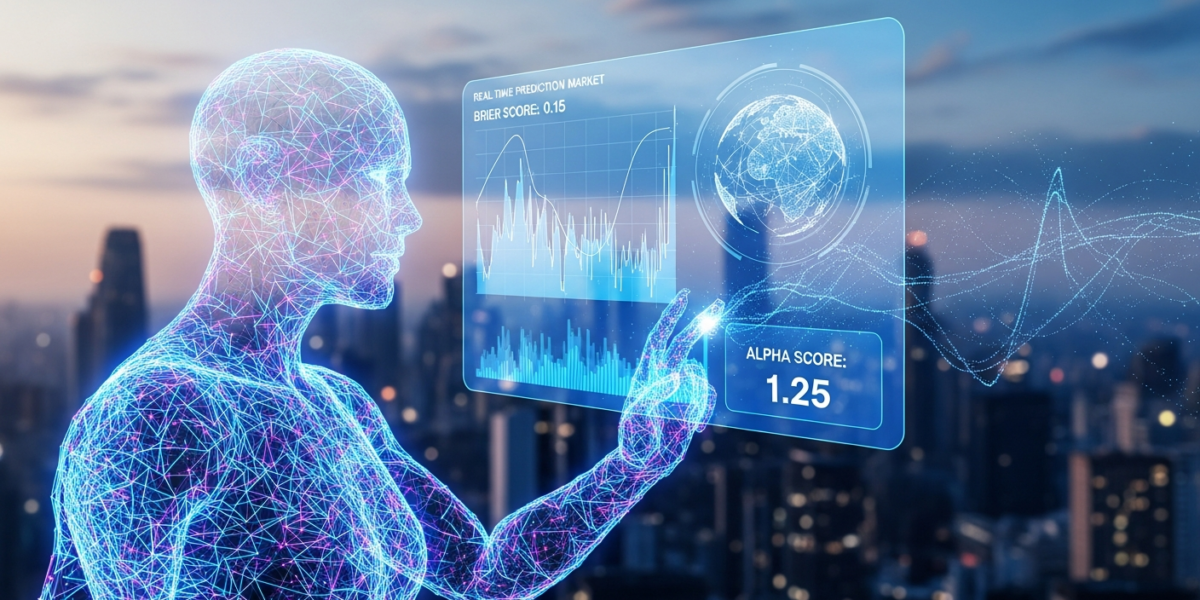 An AI agent represented by glowing lines interacting with a holographic blockchain interface displaying prediction market data, Brier scores, and Alpha scores.