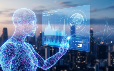 An AI agent represented by glowing lines interacting with a holographic blockchain interface displaying prediction market data, Brier scores, and Alpha scores.