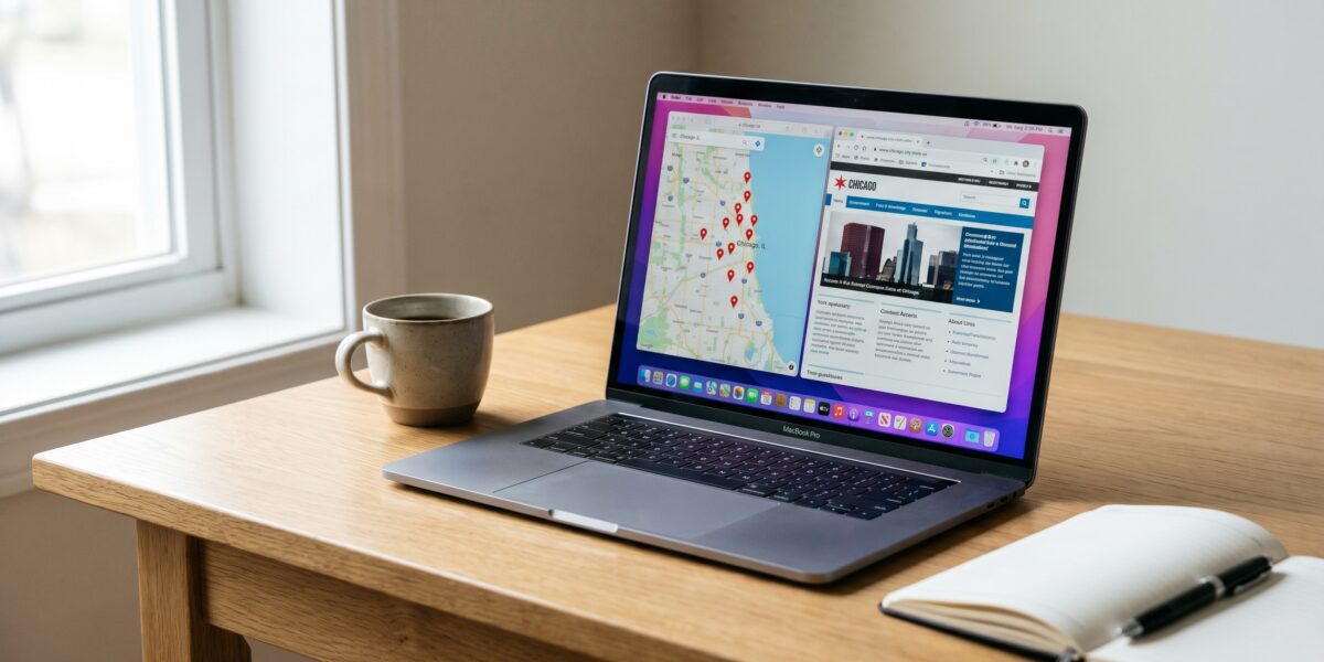 Laptop showing a *.city.state.us domain on a map interface, representing local geographic web presence.