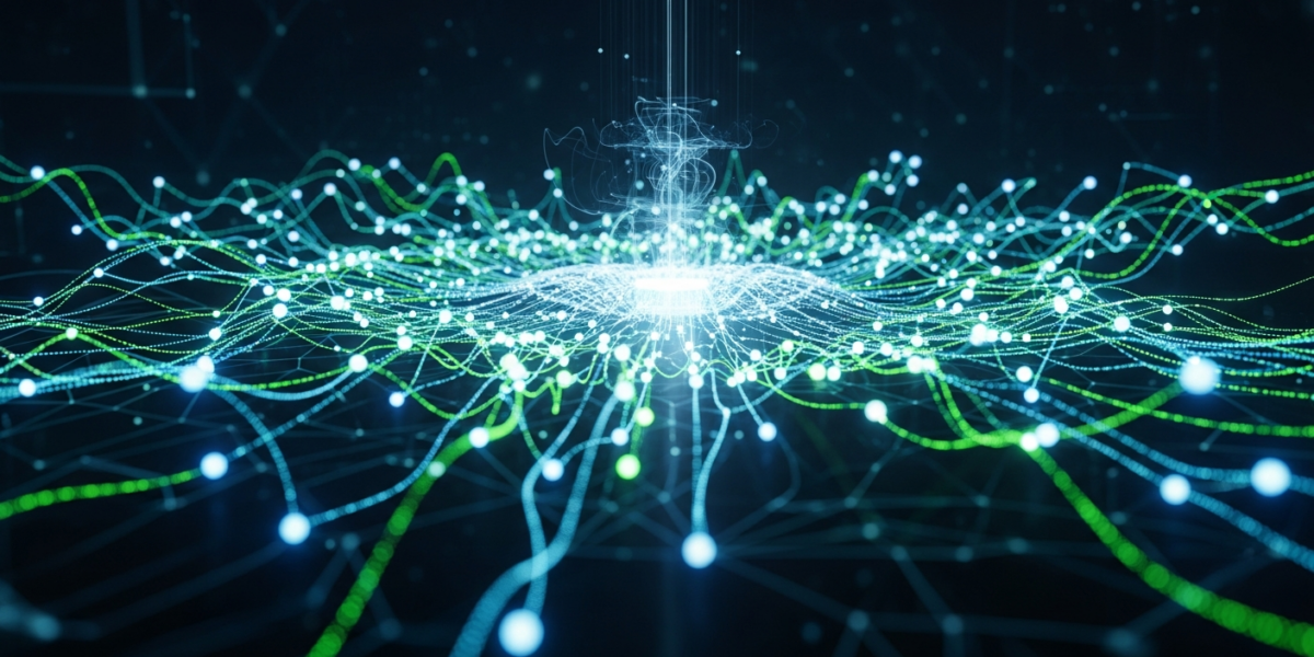 Abstract depiction of an AI neural network with glowing nodes and dynamic data streams, symbolizing adaptive unsupervised learning and reasoning.