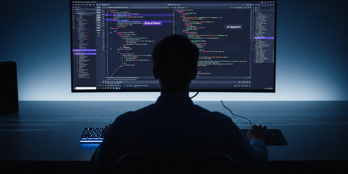 A developer reviews AI-generated code on a monitor in a modern workspace, focusing on a pull request interface with GitHub's brand colors.