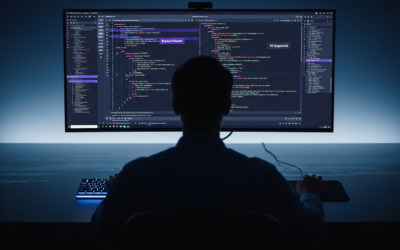 A developer reviews AI-generated code on a monitor in a modern workspace, focusing on a pull request interface with GitHub's brand colors.