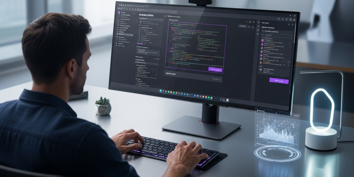 A developer interacts with the new GitHub Copilot desktop application, displaying AI-generated code and agentic controls on a sleek, modern interface.