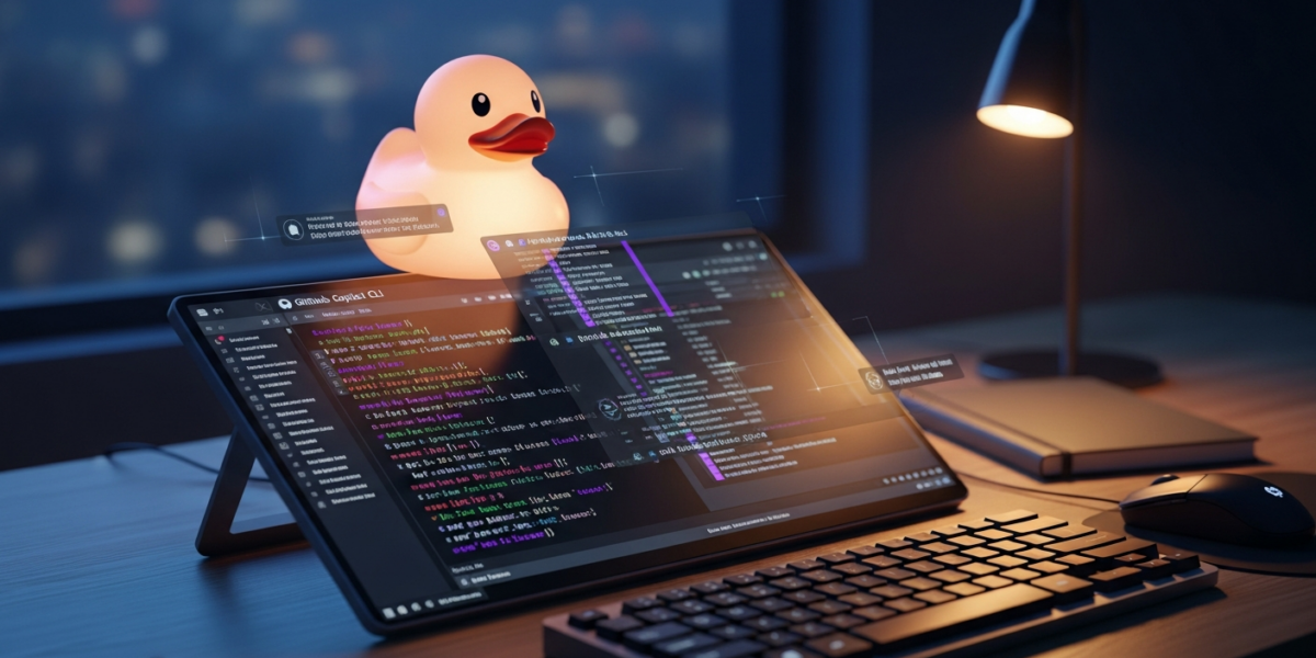 A stylized rubber duck sits on a glowing command-line interface, symbolizing AI-powered code review with GitHub Copilot CLI.