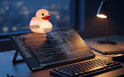 A stylized rubber duck sits on a glowing command-line interface, symbolizing AI-powered code review with GitHub Copilot CLI.