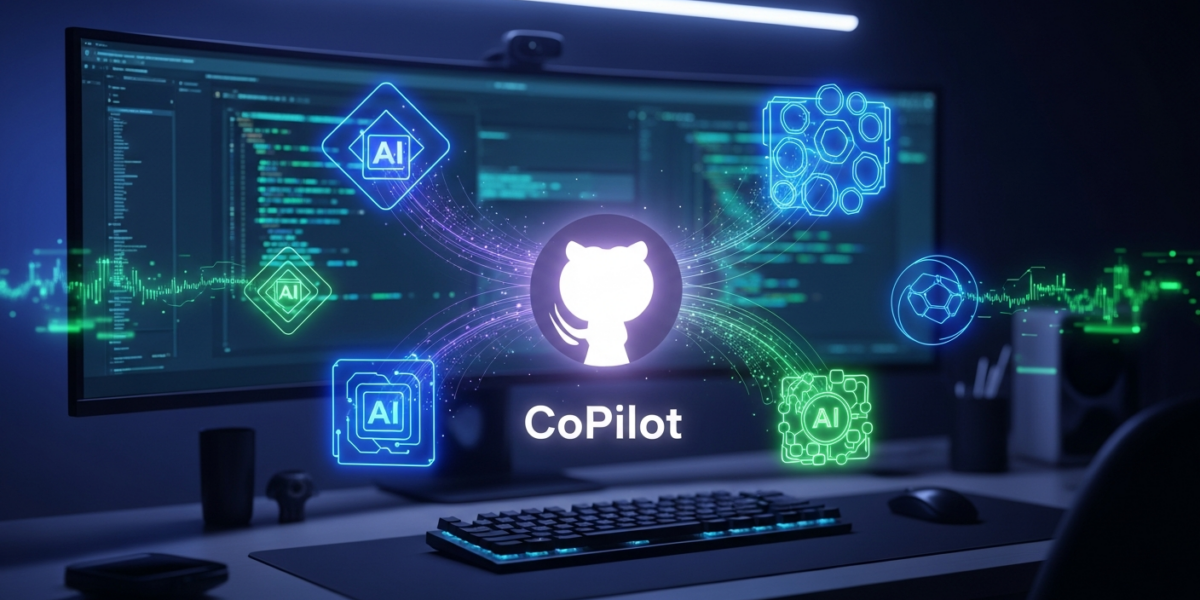 A stylized GitHub Copilot logo in a futuristic developer workspace, surrounded by abstract glowing lines representing AI model selection.