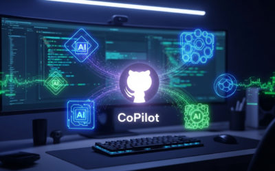 A stylized GitHub Copilot logo in a futuristic developer workspace, surrounded by abstract glowing lines representing AI model selection.
