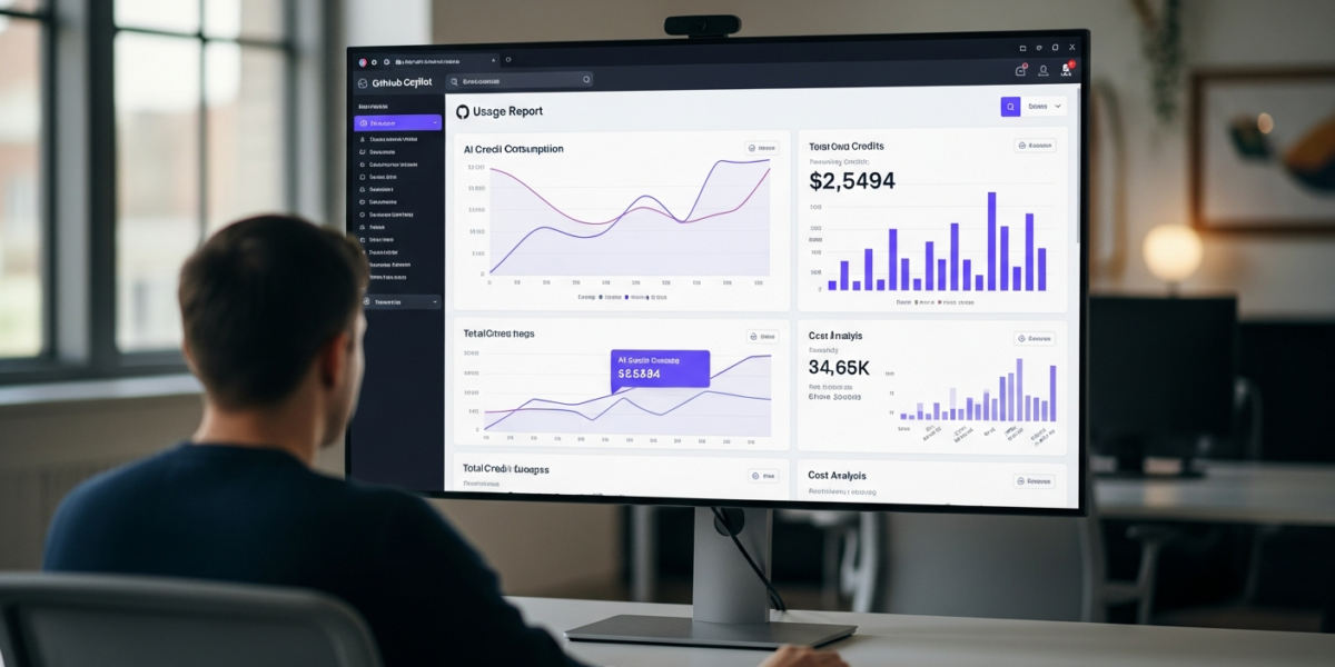 A GitHub Copilot usage report dashboard displaying AI credit metrics on a monitor, with a developer analyzing the data in a modern office.