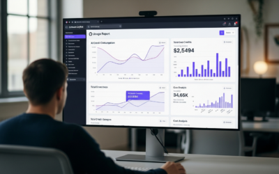 A GitHub Copilot usage report dashboard displaying AI credit metrics on a monitor, with a developer analyzing the data in a modern office.