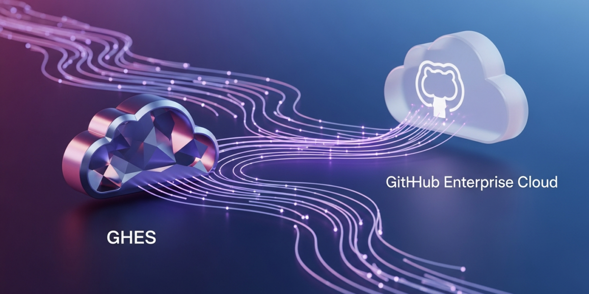 Abstract depiction of data flowing seamlessly between an on-premises server icon and a cloud icon, representing GitHub Enterprise Live Migrations.