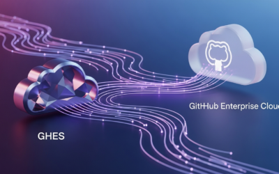 Abstract depiction of data flowing seamlessly between an on-premises server icon and a cloud icon, representing GitHub Enterprise Live Migrations.