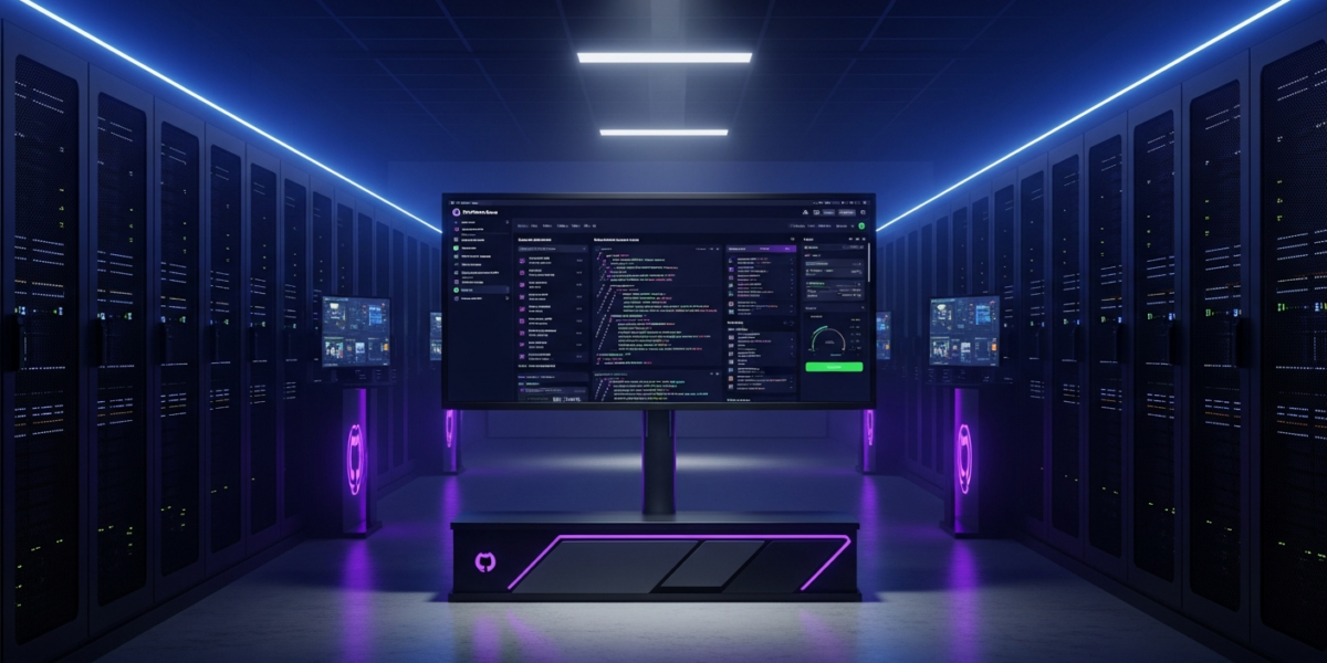 A large monitor displaying the GitHub Enterprise Server interface in a modern server room, highlighting efficiency and security.