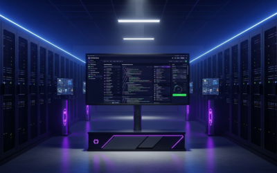 A large monitor displaying the GitHub Enterprise Server interface in a modern server room, highlighting efficiency and security.