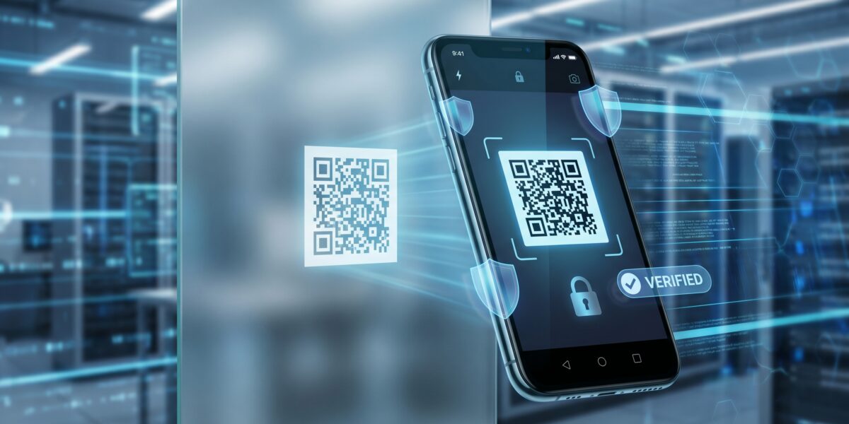 Smartphone scanning QR code for Gmail account registration with security verification elements