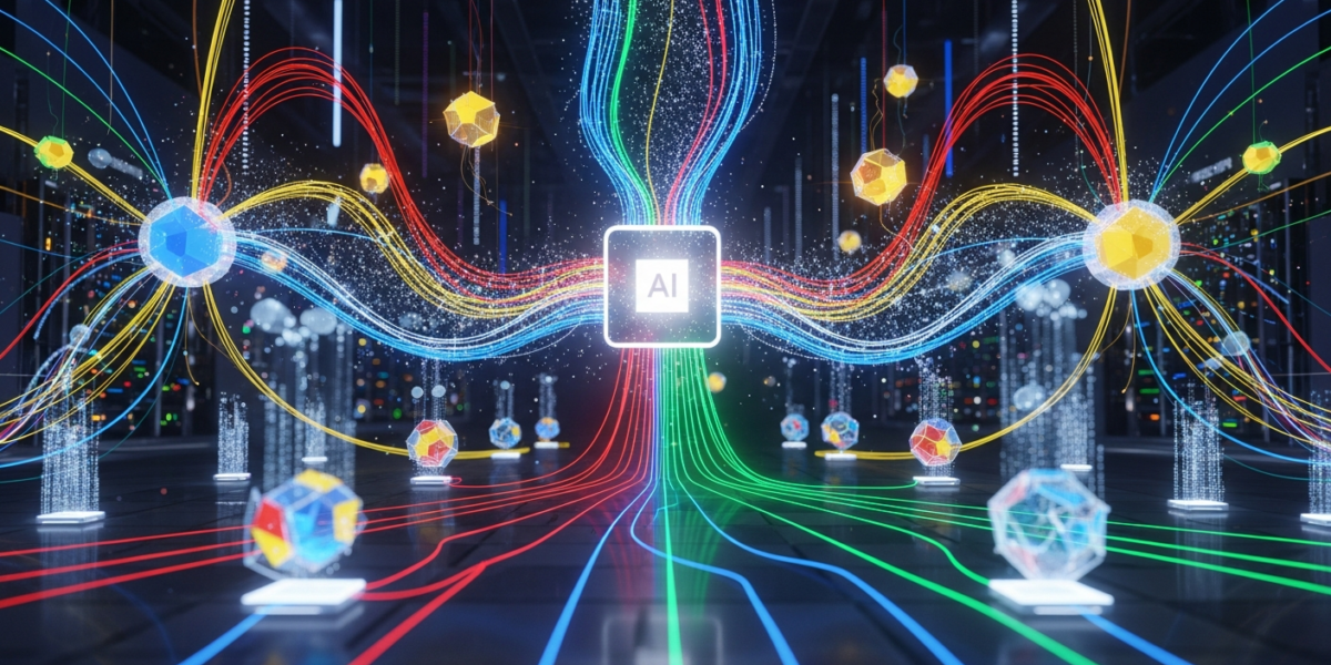 Abstract depiction of a glowing neural network within a data center, symbolizing Google AI's advancements and efficiency.